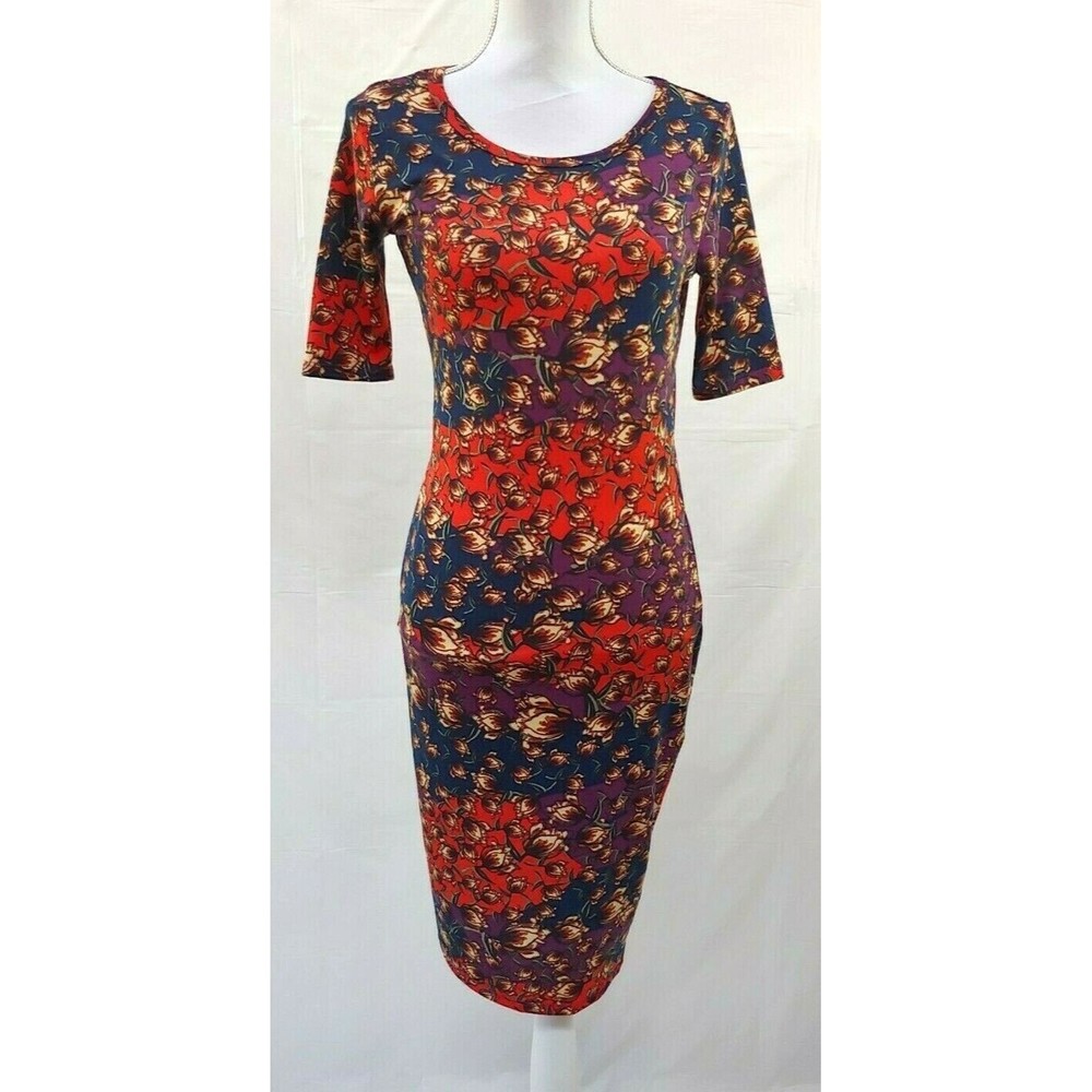Lularoe Dress XS Colorful Bodycon Knee Length 3/4 Sleeves Stretch